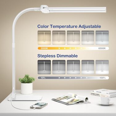 LED лампа настільна Kary з регулюванням яскравості, 24W, подвійний наголовник, для офісу, роботи, читання, з пультом та USB-портом