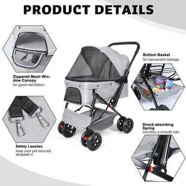 Візок для собак Wedyvko до 20 кг, 4 колеса, складний, для маленьких та середніх собак та котів, з кошиком для зберігання та тримачем для напоїв (сірий)