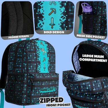 Рюкзак Minecraft для дітей, шкільний ранець з сітчастою кишенею та м'якими лямками - подарунок для хлопчиків, блакитний