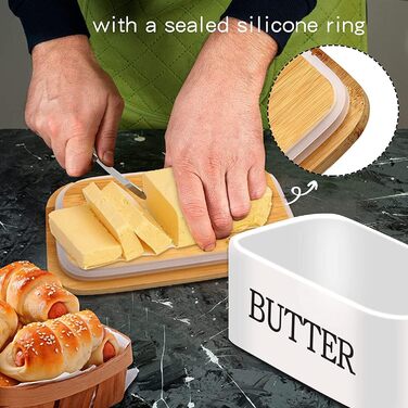 Butter dish with lid and knife, 650 ml, large ceramic butter dish, double silicone seals, butter dish for storing homemade butter, nuts and cheese