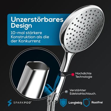 Душова лійка SparkPod з високим тиском, 15 см, XXL, з довгим шлангом, хром, розкішний дизайн, легке встановлення без інструментів