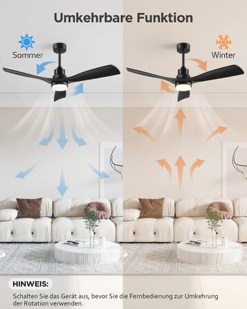 Стеляний вентилятор з підсвічуванням та пультом дистанційного керування, тихий DC двигун, 132 см/52 дюйми, 3 дерев'яних лопаті, таймер, 6 швидкостей, сертифікований ETL, режим літо/зима для спальні (132 см/52 дюйми, Чорний)