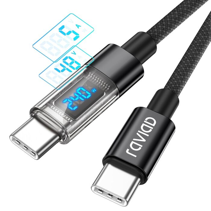 Кабель USB-C RAVIAD 240W, 1м, PD3.1, USB-C - USB-C, нейлон, для iPhone, Galaxy, Pixel, iPad, MacBook, 240W, чорний