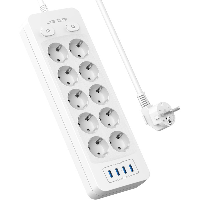 Мережева розетка JSVER на 10 розеток з 4 USB-портами для зарядки, біла. 16A, з вимикачем та кабелем 2м.