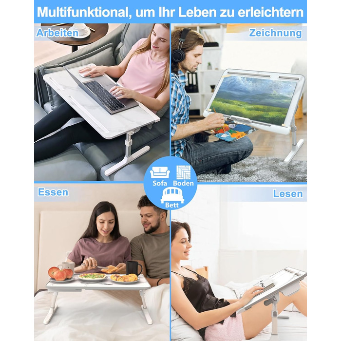 Столик для ноутбука Potuopy з регулюванням висоти та кута нахилу, X-Large, для роботи, читання та їжі на ліжку/софі, 60*40 см, білий мармур