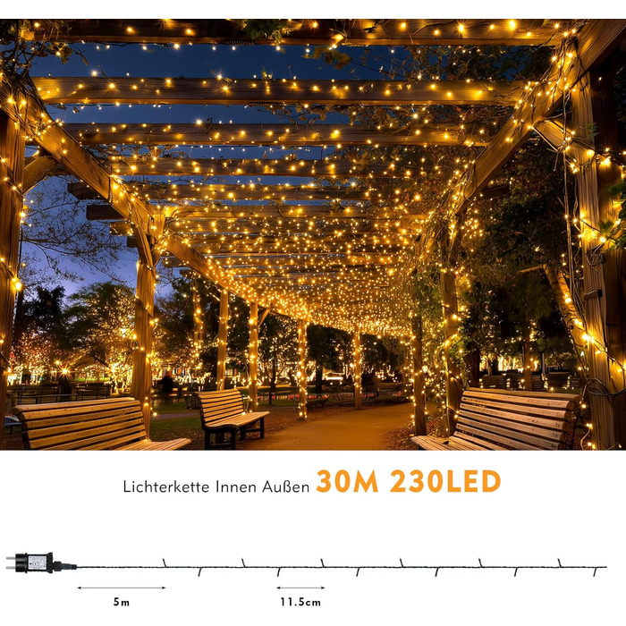 Гірлянда світлодіодна для дому та саду, 30 метрів, 230 LED, тепле біле світло, 8 режимів, таймер, IP44, для декору саду, балкону, вечірки, Різдва
