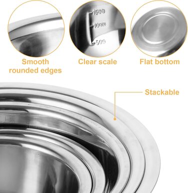 Набір з 5 штук містких металевих чаш GBACHOOSE: 0.58L, 0.9L, 1.6L, 2.05L, 2.6L. Ідеально підходять для приготування, змішування, подачі та зберігання. Зручні, стійкі, легко миються.