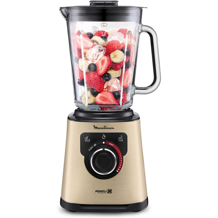 Блендер стаціонарний Moulinex PerfectMix 1200 Вт, скляна чаша 1,5 л, технологія Powelix, чорний/золотий, легке очищення