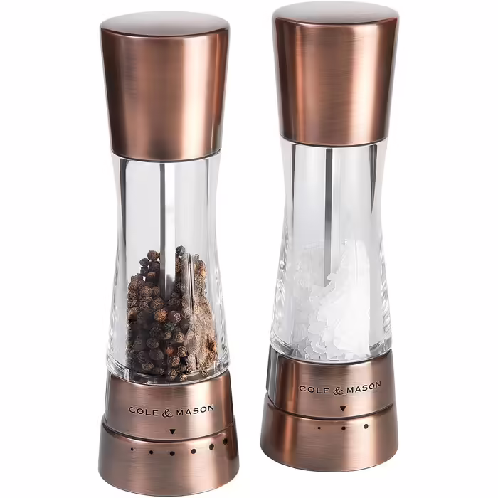 Cole & Mason Derwent Copper Salt and Pepper Grinder, Spice Grinder, 2-Piece Set, Manual with Adjustable Ceramic Grinder, Stainless Steel/Acrylic, 190mm, Precision+, Gift Set