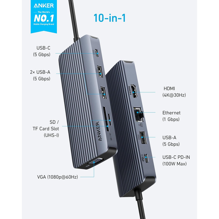 Хаб USB-C Anker з двома HDMI, 100W, 10Gbit/s, 10-в-1 для MacBook, Dell, iPad Pro
