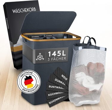 FALKENWERK Laundry Basket with Lid 145L - Water-Repellent Laundry Collector with 3 Compartments & Removable Laundry Bags - Foldable Laundry Box with Washing Instructions - Laundry Basket 3 Compartments