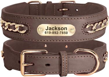 Нашийник для собак Didog з натуральної шкіри, плетений, з персоналізованою гравіюваною табличкою, регульований, міцний, чорний, розмір L (17.0-20.0 см, ширина 3.2 см)