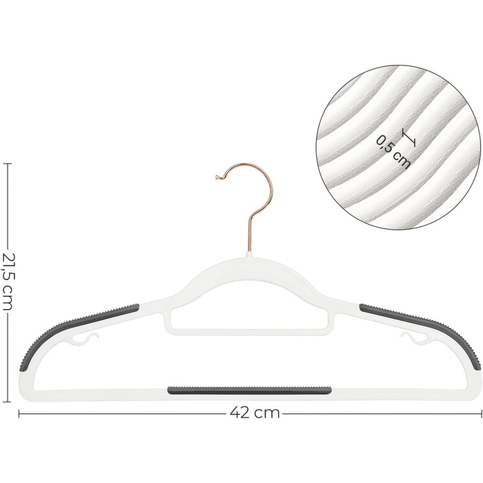 Набір вішалок SONGMICS 50 шт., пластик, антиковзаючі, компактні, товщина 0,5 см, 42 см, поворотний гачок 360°, срібло, білий + темно-сірий