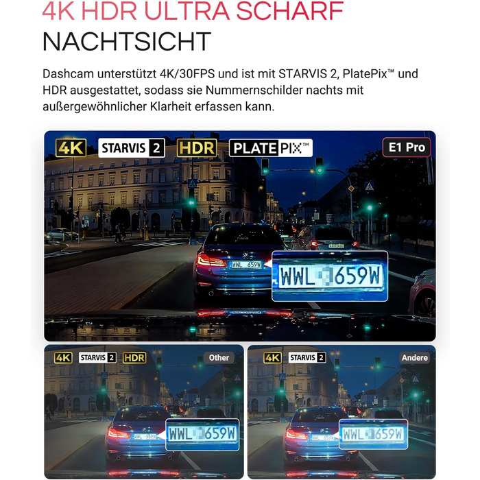 Відеореєстратор VANTRUE E1 Pro 4K HDR STARVIS: Автомобільний відеореєстратор з GPS, Wi-Fi, нічним баченням та паркувальним режимом