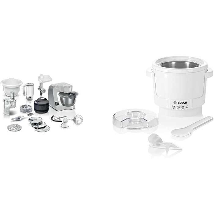 Bosch Kitchen Machine Series 4 MUM5XL72, integrated scale, 2x 3.9L bowls & MUZ5EB2, 550ml, homemade ice cream, sorbet, and frozen yogurt, white, compatible with Kitchen Machine Series 4 Grey / Silver 6 Accessories Bundle with ice cream maker