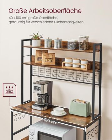 Стелаж кухонний VASAGLE з розетками, для мікрохвильової печі, з решіткою, 14 гачків, антрацит-чорний (40 x 100 x 170 см, Вінтаж-коричневий + Чорний)