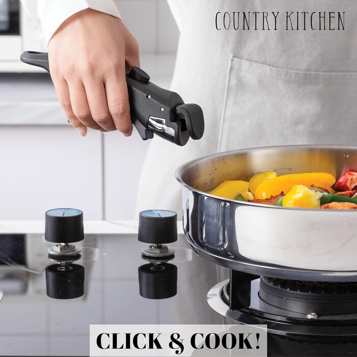 Набір посуду Country Kitchen 16 предметів з керамічним антипригарним покриттям, дерев'яні ручки, для дому та кемпінгу, придатний для духовки - кремовий