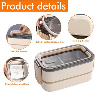 Бенто-бокс ланчбокс 2 ящики з відділеннями: Преміум ланчбокс для дорослих з нержавіючої сталі, без BPA, з посудом, ідеальний для подорожей, підходить для мікрохвильової печі, бенто-бокс для дорослих, Meal Prep