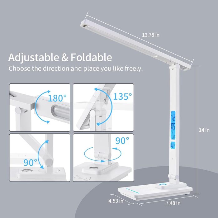 Світлодіодна лампа настільна з регулюванням яскравості та функцією зарядки годинника - настільна лампа нічник з бездротовим зарядним пристроєм 10W, USB-порт, складна, сенсорне керування, 5 рівнів регулювання, 3 режими (Tx223white-eu)