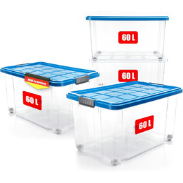 BigDean 4-Piece 60L Storage Boxes with Lid Large Steel - Stackable, Robust Box BPA-Free - Rollable Storage Box with Secure Click Closures - Made in Germany (Blue)