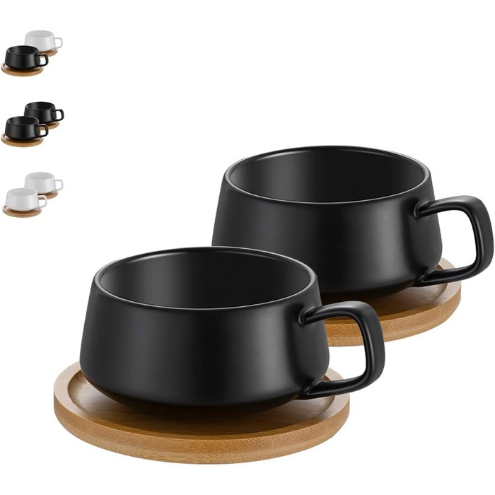 Набір кавових чашок капучіно з блюдцями, 320 мл, кераміка, для капучіно, лате, американо та чаю, білий (чорний, 2)