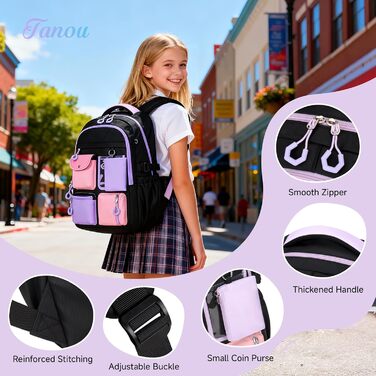 Шкільний рюкзак Tanou для дівчаток: великий, з тканини Oxford, з багатьма відділеннями, чорно-фіолетовий