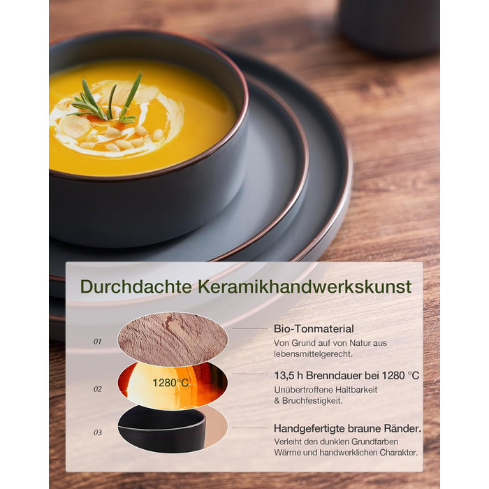 Набір посуду Mercury, 12 предметів: тарілки для 4 осіб (тарілки для їжі, десертні тарілки, миски для каші), з каменю, підходить для мікрохвильової печі та миття в посудомийній машині, колір: вугільно-сірий