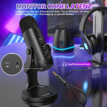 USB мікрофон Zealsound: конденсаторний мікрофон для ПК, телефону, PS4, PS5. Ідеально для геймінгу, подкастів, запису звуку, стрімінгу та ASMR. З регулюванням гучності та ефектом ехо. Сумісний з Mac, Windows. Чорний колір.