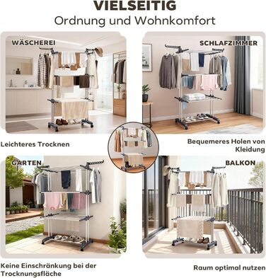 Сушарка для білизни Tower на коліщатках: 4-ярусна, з нержавіючої сталі, з 6 відкидними крилами та 2 боковими сторонами для обертання | 76x50x172 см | Компактна, складна, для балкону, ванної кімнати та саду | (Сірий)