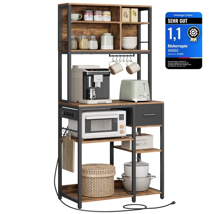 Стелаж кухонний VASAGLE з розетками, 40 x 100 x 180,4 см, з полицями, ящиком з тканини, 12 гачками, антрацитовий + чорний, KKS027B02