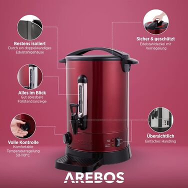 Arebos Glühwein Cooker 950 W | Hot Beverage Dispenser | 6.8 L | with Drip Tray, Spout, Thermostat, and Overheating Protection | Temperature Setting from 30-110 °C | (Red)