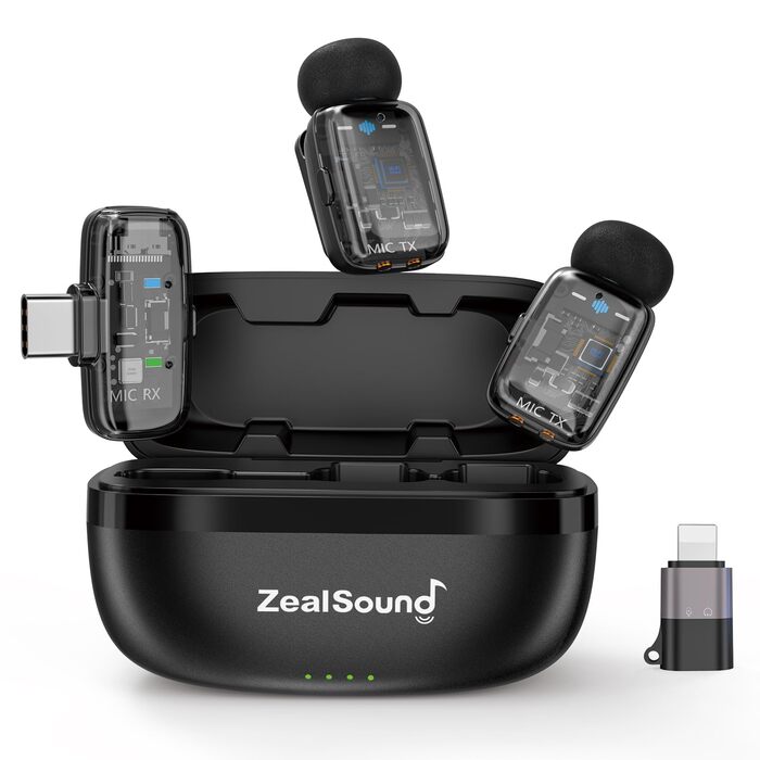 Мікрофон ZealSound M6 бездротовий для iPhone, Android, iPad: USB-C/Lightning, шумозаглушення, 33 години роботи, 100м, для Vlogging, TikTok, Podcast, YouTube, чорний/прозорий
