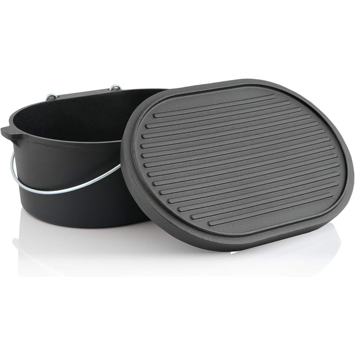 Чавунний казан BBQ-Toro Dutch Oven 9,3 л з кришкою, попередньо прожарений, без ніжок, чорний — каструля для запікання, тушкування, кухонний посуд