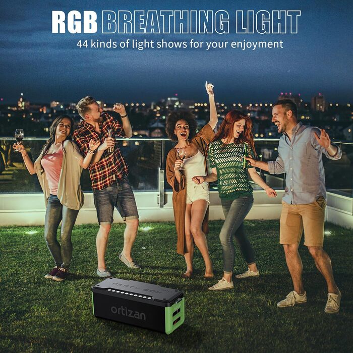 Ortizan Bluetooth колонка портативна 80 Вт, IPX7 водонепроникна, LED підсвітка, 12 год. роботи, Powerbank, стерео-з'єднання, зелено-чорна