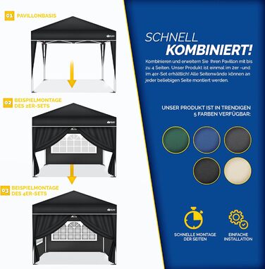 tillvex® for 3x3m Pavilion | Folding Pavilion Side Walls Water-Repellent | Side Windows & Zipper | Side Walls for Garden Tent Party Tent (4x Side Wall, Black)