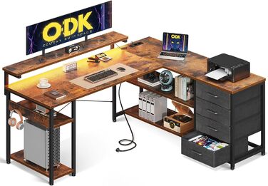 Стіл письмовий кутовий ODK з шухлядами, LED-підсвіткою, 2 розетками та 2 USB-портами для дому та офісу, 135x110 см (Вінтаж-коричневий)