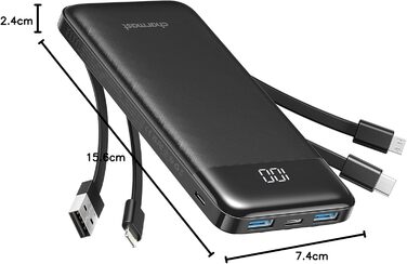 Power Bank Charmast 10000mAh з 6 виходами, USB-C, LED-дисплеєм, 4 кабелями, чорний