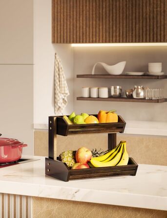 Двоярусна фруктова корзина HOLANA з дерева горіха для кухонного столу - органайзер для фруктів, овочів та закусок