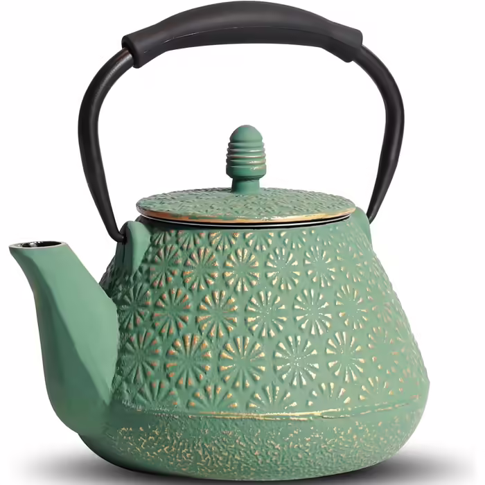 Cast Iron Teapot, 950ml Japanese Cherry Blossom Pattern Teakettle, Stovetop Safe, Infuser for Loose Tea & Coffee, Silicone Handle, Enamelled Interior, 32oz Blue (Light Green)