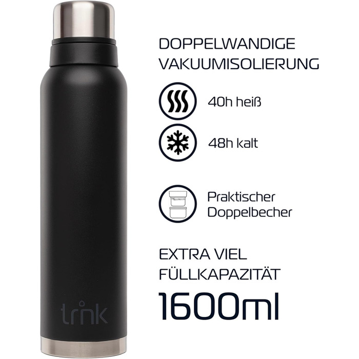 Термос Outdoor TRNK Polar 2 - 1600 мл, нержавіюча сталь, BPA-free, зберігає тепло 40 годин, з 2 чашками, для миття в посудомийній машині (лісовий зелений, матовий нічний чорний)