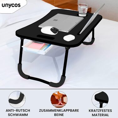 Складаний столик Unycos з ручкою та підстаканником, 60x40x26 см, з висувною шухлядою, колір: кістковий білий