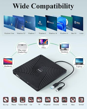 Зовнішній DVD-накопичувач PeroBuno USB 3.0 Type-C, CD ROM +/-RW оптичний привід, ультратонкий DVD-записувач та плеєр для ноутбука, PC, MacBook (Windows, Linux, macOS)