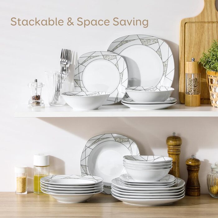 VEWEET Сервіз столовий 'Serena' з порцеляни, 24 елементи | 6 тарілок для сніданку, десерту, їжі та супу | Сервіз для 6 осіб, ресторану, сім'ї, білий