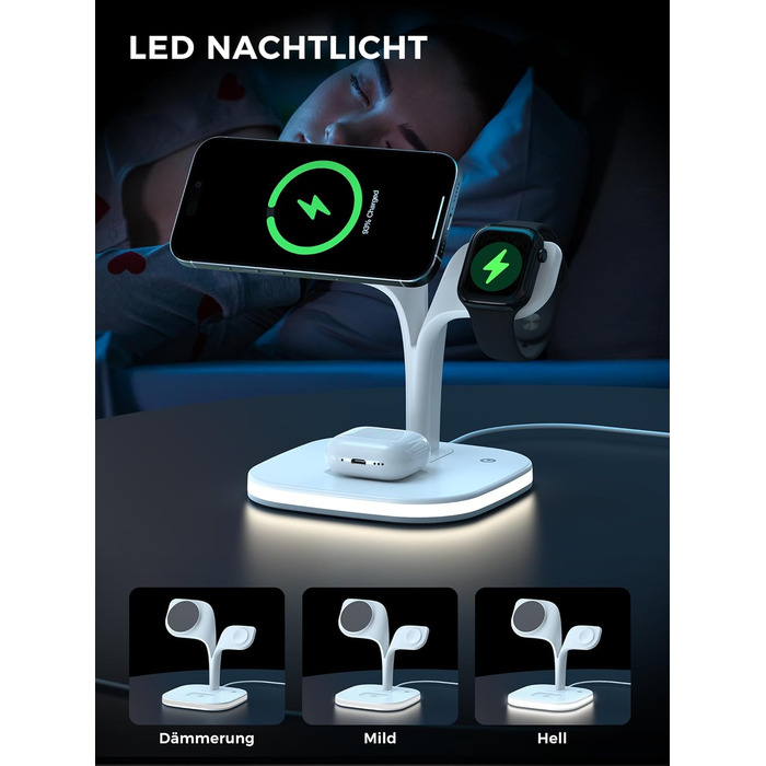 Зарядна станція 3-в-1 для Apple Watch та iPhone з MagSafe, білий колір. Підходить для iPhone 17, 16, 15, 14, 13, 12 Series, Apple Watch 11, 10, 9, 8, 7, 6, 5, 4, 3, 2, SE, Ultra, AirPods Pro/4/3/2. Потужність: 20W.