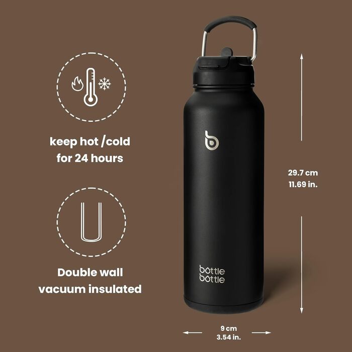 BOTTLE BOTTLE Insulated Water Bottle with Straw, Sport Stainless Steel Water Bottle with Grip Lid, Outdoor Sports Bottle for Pills, 1L (Black)