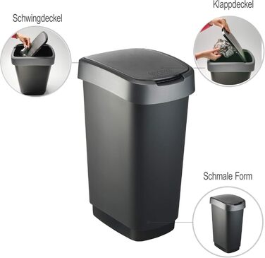 Відро для сміття Rotho Twist 25л з кришкою, пластик (PP), BPA-free, чорний/сріблястий, 25л