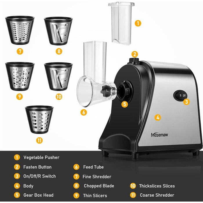 Електричний овочевий слайсер COOCHEER з нержавіючої сталі, 250W. Багатофункціональний подрібнювач з 5 лезами для овочів, сиру, картоплі, моркви, цибулі. Чорний.