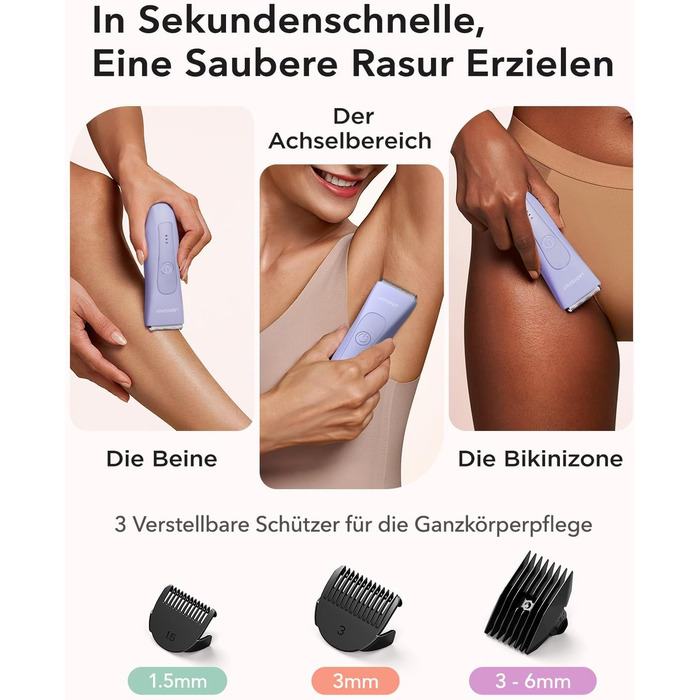 Електричний жіночий триммер для інтимної зони з 3 насадками та змінними керамічними лезами, фіолетовий