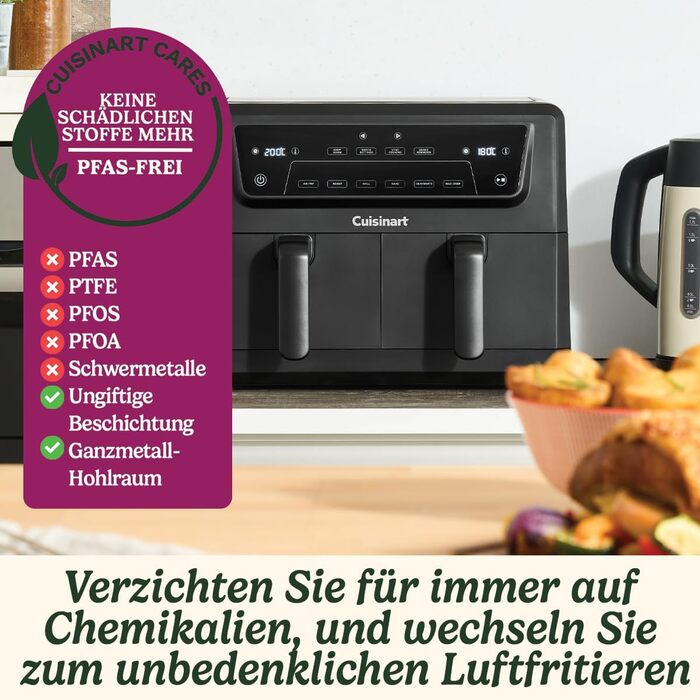 Фритюрниця Cuisinart XXL 10.4L з двома зонами, без PFAS та хімікатів, для смаження, гриля, випікання, дегідратації та підтримання тепла, 2 камери (2 x 5.2L), 8+ порцій, знімні деталі придатні для миття в посудомийній машині, чорний колір
