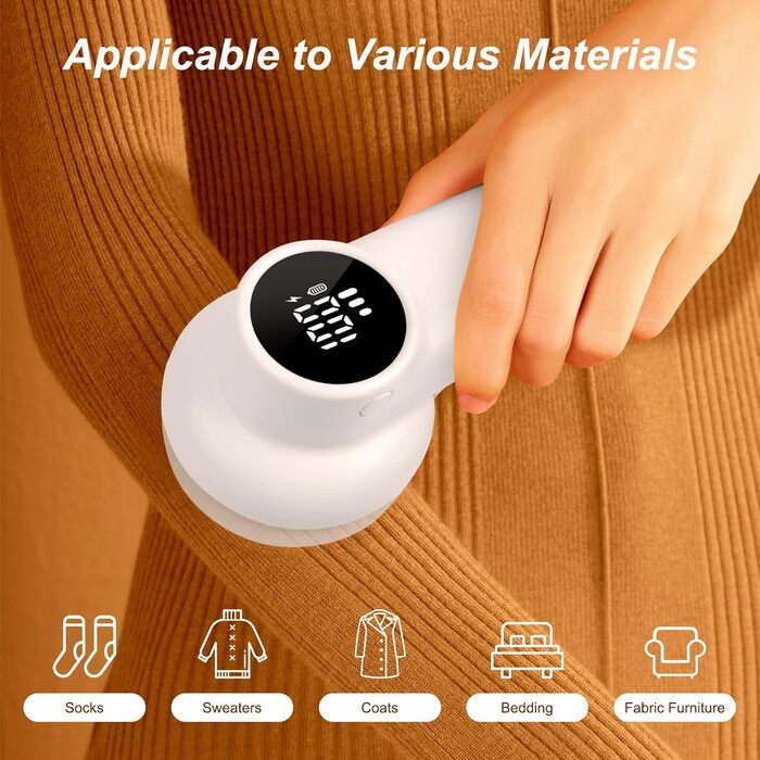 Електричний видалення ворсу ELZO - портативний, бездротовий, з LED-дисплеєм, 3 швидкості, 2 змінні насадки, для одягу, ковдр, білий